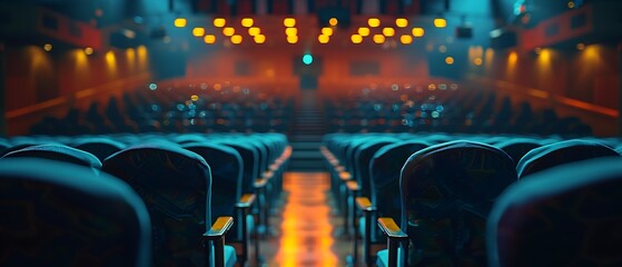 Empty theater seats with stage lights.