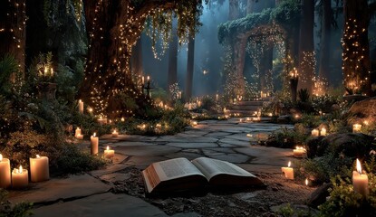 Step into a magical forest illuminated by candlelight, where an open book awaits your story in an enchanted, mystical setting