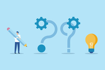 Man with pencil and question marks leading to a bright idea lightbulb with gears symbolizing process