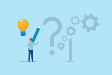 Man with pencil points to lightbulb near question mark and gears symbolizing idea generation and problem solving