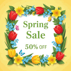 Spring Sale 50 Percent Off With Floral Border and Butterflies Keywords: spring sale, 50 percent off, discount, offer, promotion, flowers, tulips, daffodils, forget-me-nots, butterflies, floral