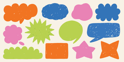 Collection of hand drawn colorful speech bubbles and shapes on a light background