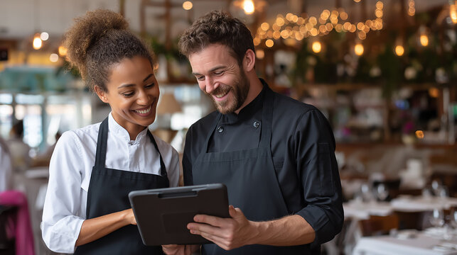 Two professional restaurant staff collaborating on a modern touchscreen tablet, smiling and engaged in discussion, wearing clean uniforms