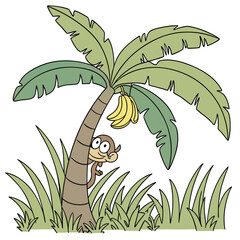 Cartoon Monkey Peeking from Behind a Palm Tree Surrounded by Tall Grass with a Bunch of Bananas Hanging Above