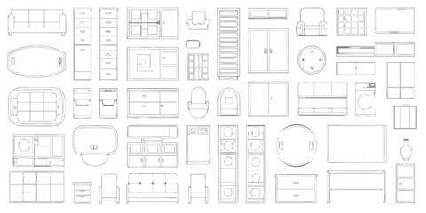 Collection of hand drawn furniture and home decor items in a top down view schematic style