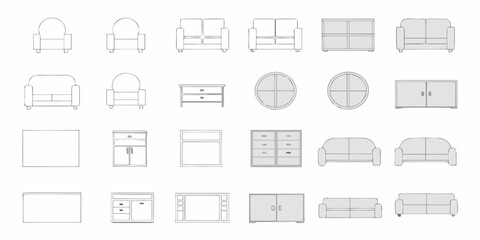 Collection of line art furniture icons including sofas armchairs dressers and cabinets