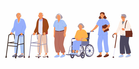 Diverse group of elderly people and a caregiver in a flat illustration style on a white background