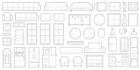 Collection of hand drawn line art illustrations of various furniture and home decor items