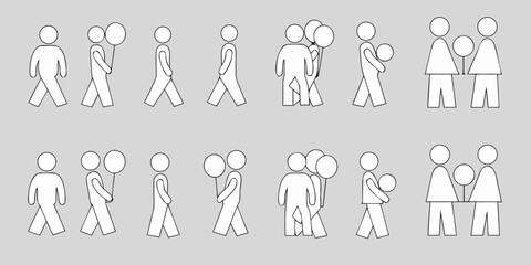 Collection of simple line art stick figures walking and holding balloons in various poses and groupings
