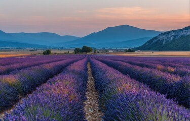 Lavender field stretches towards distant mountains under a soft, pastel-colored dusk sky. Rural scene evokes tranquility