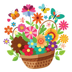 Colorful Flower Basket Illustration with Butterflies A Cheerful Design Showcasing the Beauty of Nature and the Joy of Spring