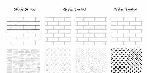 Collection of simple hand drawn symbols representing stone grass and water elements for design