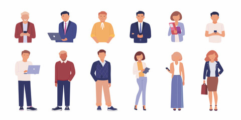 Diverse group of professional men and women standing and holding devices and documents