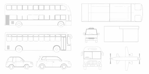 Collection of stylized vehicle line drawings including buses cars and an airplane on white background