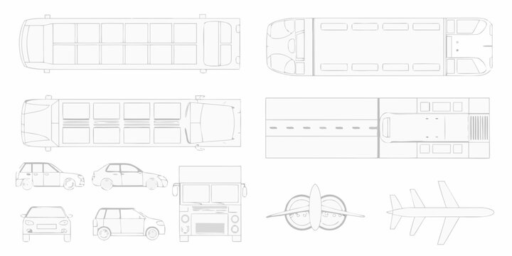 Collection of simplified line art vehicle illustrations including buses cars trucks and airplanes seen from top and front views