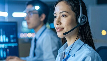 Asian woman working in a call center with headset and computer.