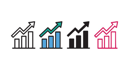 Growth Chart Icon Set – Stylized Bar Graphs with Upward Arrows in Flat, Filled, and Decorative Styles for Business Analytics, Financial Reports, and UI/UX Dashboard Design