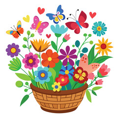 Cheerful Cartoon Floral Arrangement Bursting with Butterflies A vibrant and whimsical composition of colorful blooms in a woven basket with fluttering butterflies