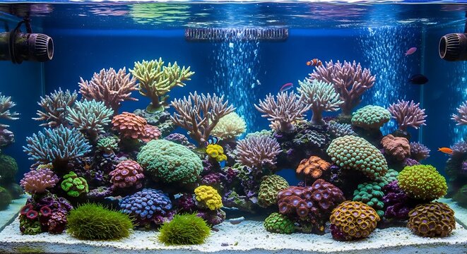 Vibrant Coral Reef Aquarium Display with Diverse Coral Species.