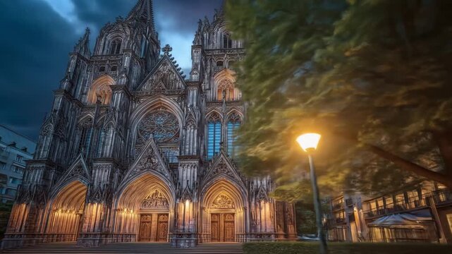 Gothic Cathedral at Dusk Stunning Architecture in a City Setting with Dramatic Sky.