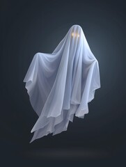 Ethereal ghost illustration with flowing translucent fabric, glowing eyes, and a dark background, creating a mysterious and haunting atmosphere for creative projects