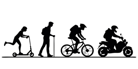 Silhouettes of four step riding Vehicles with people 