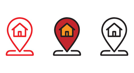 Home Location Icon Set – Stylized Map Pins with House Symbol in Outline, Filled, and Highlighted Styles for Real Estate, Navigation, UI Design, and Property-Based Applications