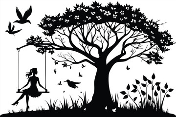 Silhouette Serenity A Girl on a Swing Birds in Flight and Blossoming Tree in a Peaceful Black and White Scene