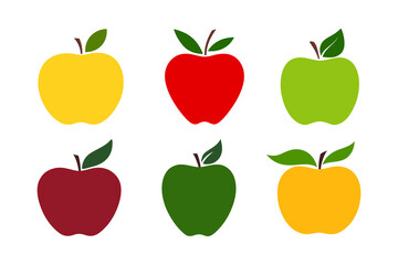 A set of simple bright multicolored apple icons, isolated on a white background, flat design, vector. Silhouette of a fruit with a leaf. Delicious fresh graphic element for design, decorations, covers