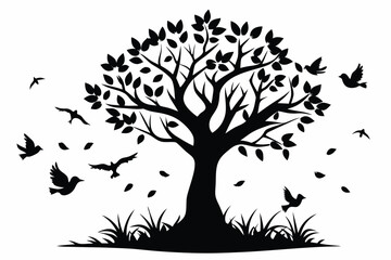Silhouette of a Lush Tree with Birds in Flight Creating a Serene Nature Scene with Dynamic Energy