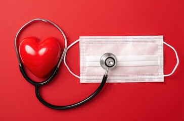 Medical tools, a red heart, a black stethoscope, and a white mask against a red background, symbolising health and care