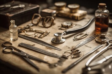 Antique medical tools, including scissors, forceps, a stethoscope, and vials, are arranged on a crackled, aged surface. Soft light