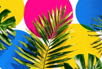 Bright circles behind vibrant green tropical leaves create a playful, eye-catching pattern against a stark white backdrop. High contrast, nature meets modern design