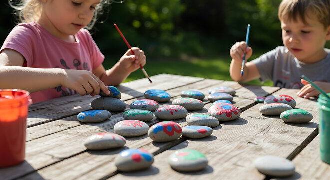 Children enjoying a creative rock painting activity outdoors on a sunny day