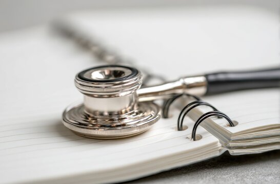 Close up of stethoscope bell head resting on a spiral-bound notebook. Metal pen lays on notebook, against a gray background - Powered by Adobe