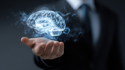 Ai hologram brain businessman hand digital technology innovation future glow