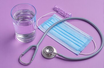 A glass of water, a mask, pills, and a stethoscope lay on a solid purple background. Tools associated with health and wellbeing are portrayed