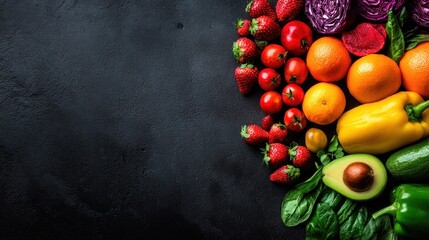Assortment of colorful fruits & vegetables arranged on a dark surface. Abundant variety. Dark background emphasizes fresh produce vibrance