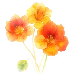 Fototapeta premium Watercolor Nasturtium Flowers Orange and Yellow with Leaf 