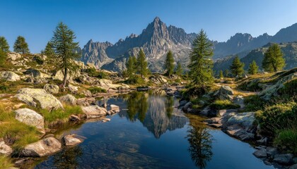 Serene mountain vista with a calm lake reflecting jagged peaks. Trees and rocks frame the still water, creating a peaceful and scenic landscape