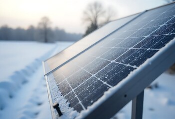 Close up Outdoor Frozen Solar Panel in Snowy Winter Landscape