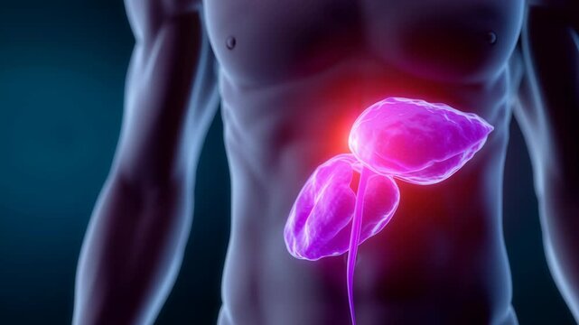 Gallstone disease anatomy medical view of mans intense gallbladder pain and inflammation. glowing organ reveals serious internal health condition
