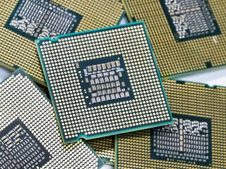 computer cpu on white isolated background, microchip close up