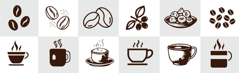 Obraz premium Coffee set icon .Coffee and tea solid icon set. Coffee, , filter coffee, Turkish coffee, French press, coffee cup, vector illustration