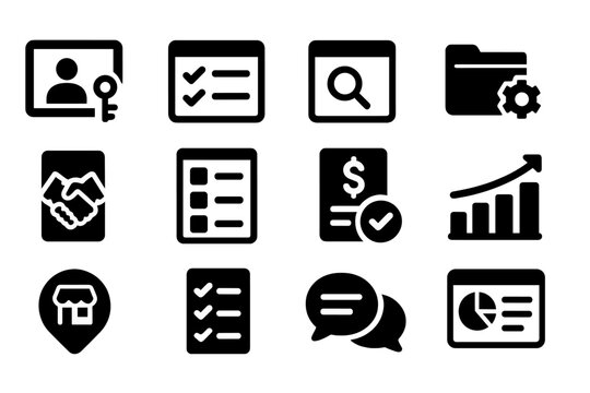 Business, productivity solid icon set. essential tools for optimization