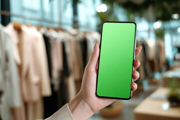 Hand holding phone with green screen in clothing store