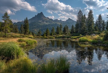 Serene alpine scene a still pond reflects majestic peaks under a cloudy sky, bordered by lush grass and evergreen trees in the foreground