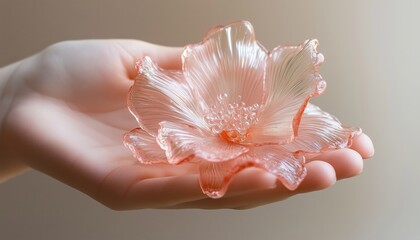 Delicate Pink Handmade Glass Flower Held By Girls Against Soft Beige Background, Reflecting Elegance And Beauty In The Art.