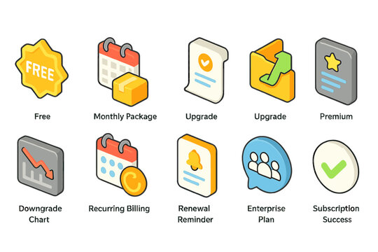 Business subscription outline icon set. payment, upgrade, renewal, success icons