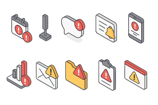 Alert and notification icon set. security, message isometric icons for web and app